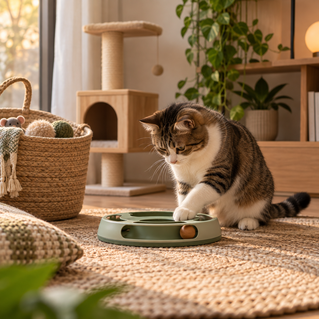 Evde interaktif kedi oyuncağıyla oynayan kedi ve düzenli oyun köşesi