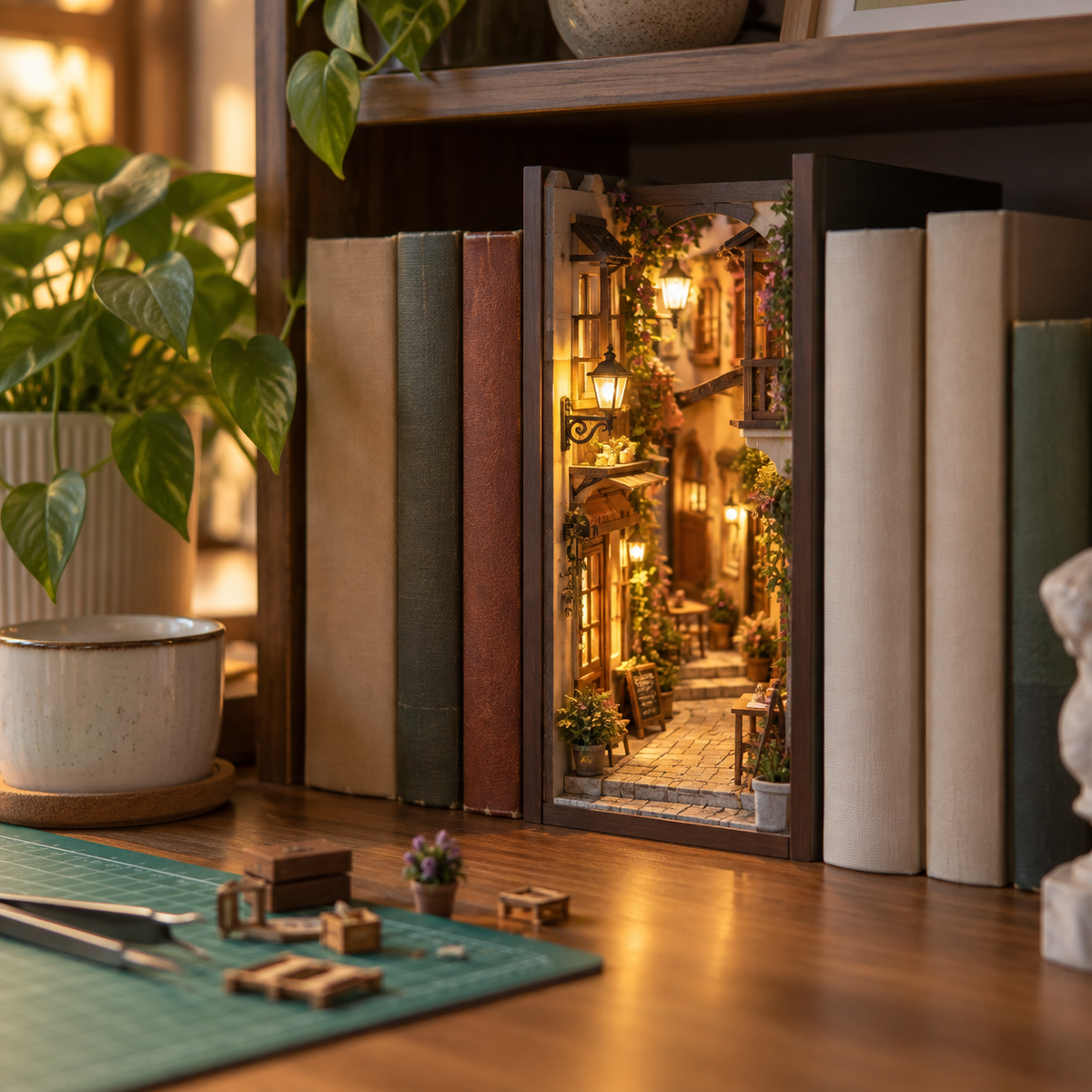 Book nook ve minyatür kitaplık dekorasyonu için sıcak ışıklı hobi köşesi