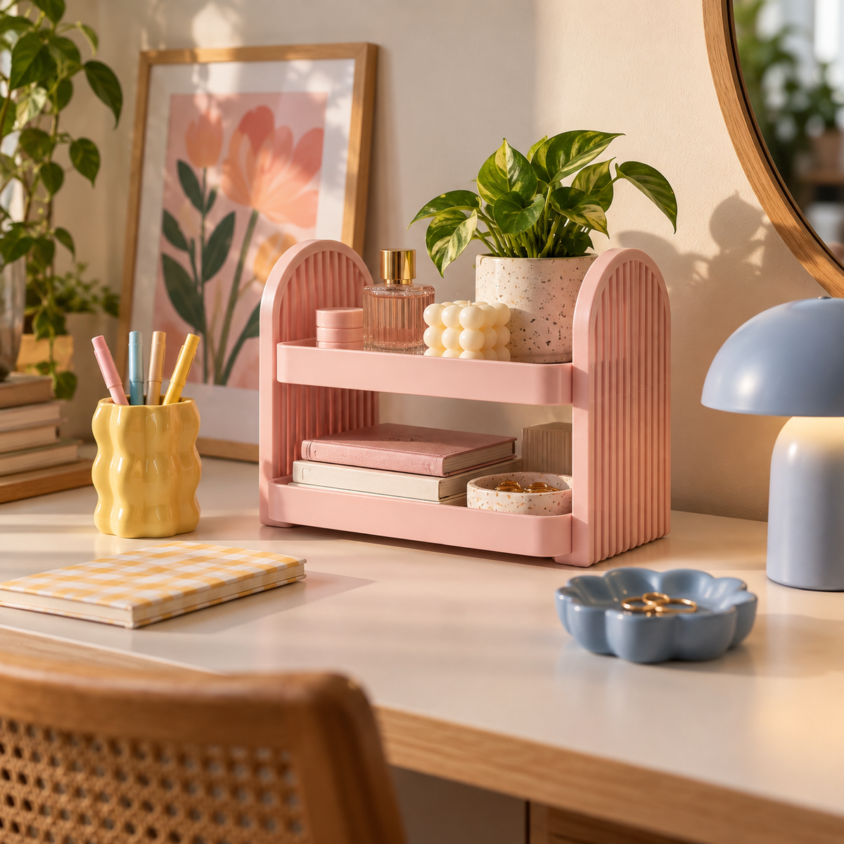 Dopamin dekoru için pastel pembe, sarı ve mavi aksesuarlarla sıcak ve düzenli masaüstü