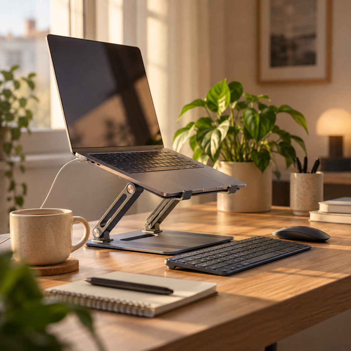 Ergonomik laptop standı üzerinde dizüstü bilgisayar bulunan sıcak ve düzenli çalışma masası