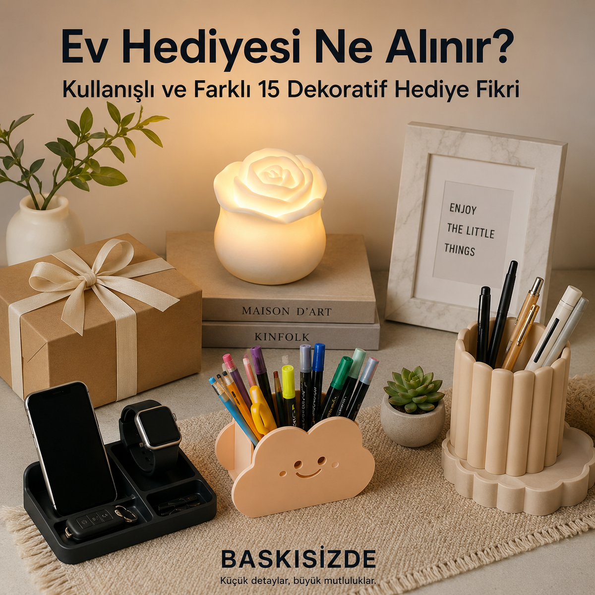 Ev hediyesi fikirleri için dekoratif mumluk, organizer, kalemlik ve masaüstü aksesuarlarından oluşan hediye seçkisi
