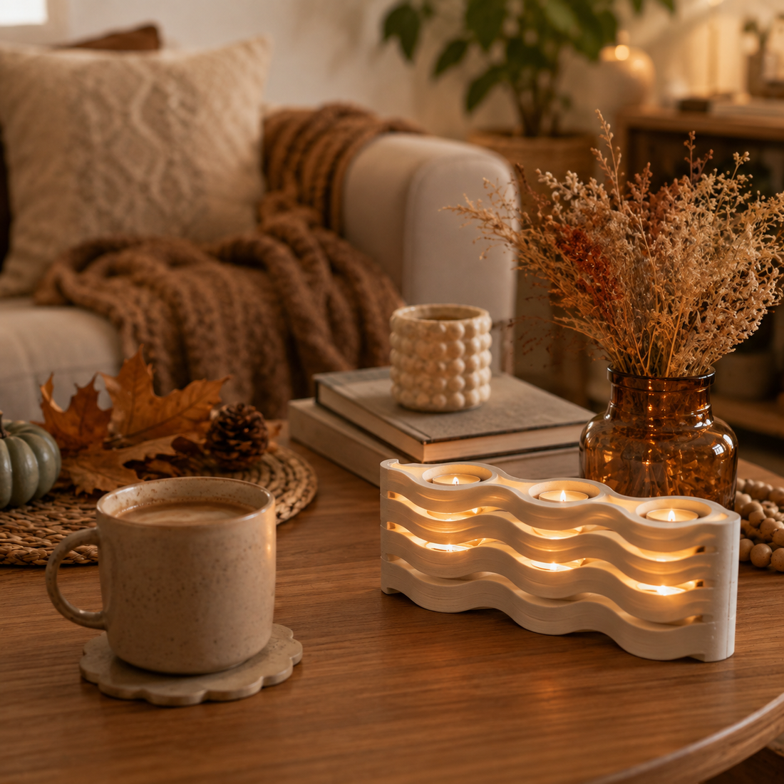 Evde kahve köşesi için sıcak ışıklı, sade ve düzenli Home Café atmosferi