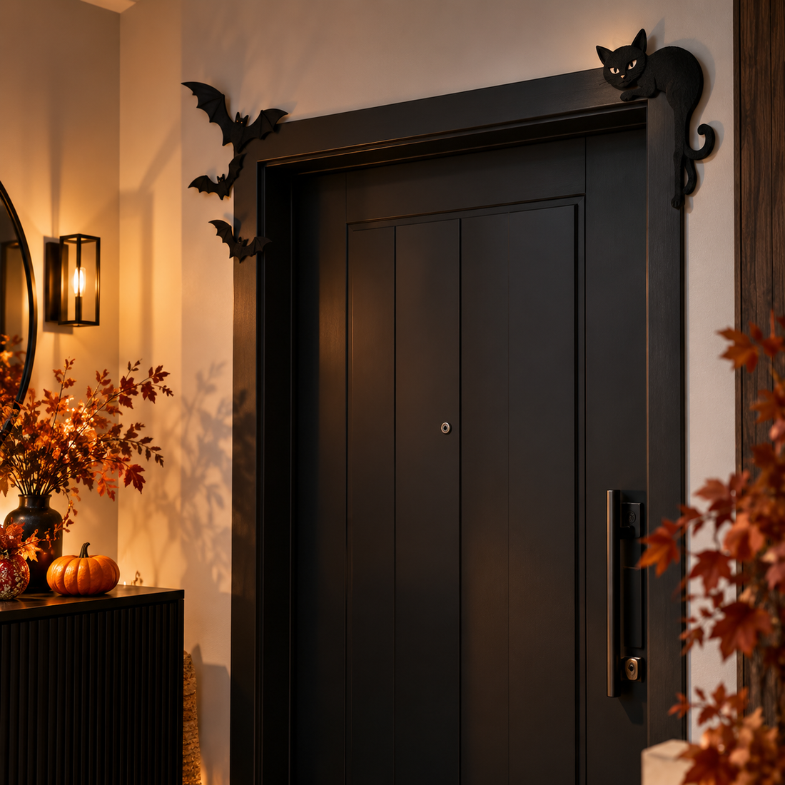 Siyah kapı çevresinde yarasa ve siyah kedi detaylarıyla hazırlanmış Halloween antre dekorasyonu