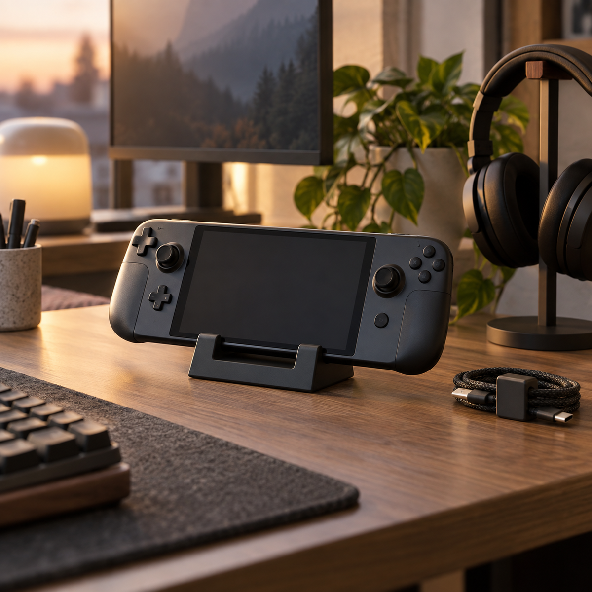 Taşınabilir el konsolu için düzenli ve sıcak tonlu gaming setup masaüstü
