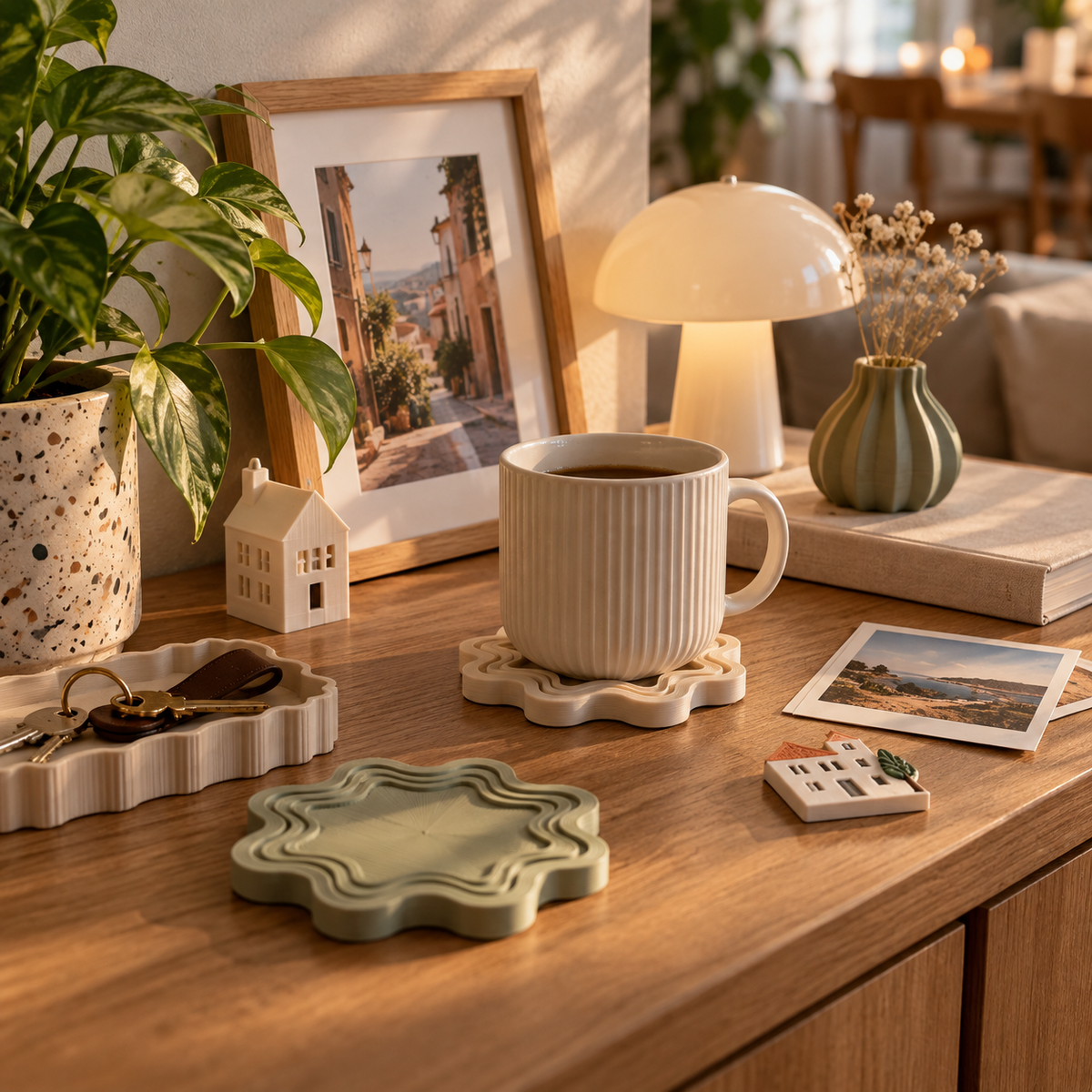 House merch trendini yansıtan kişisel küçük ev objeleri ve sıcak dekorasyon köşesi