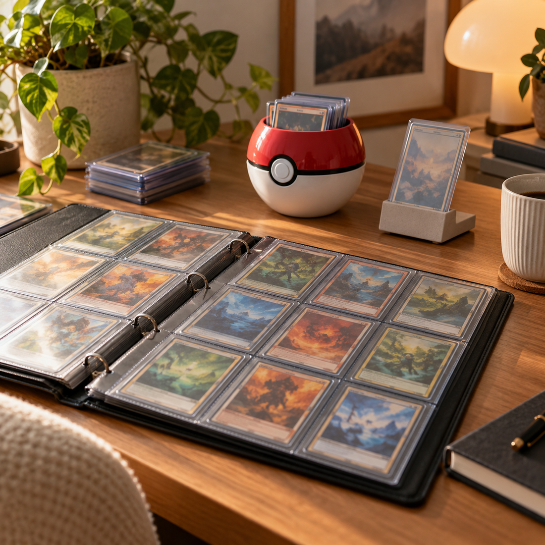Pokémon kart koleksiyonunu düzenlemek için binder ve masaüstü koleksiyon köşesi