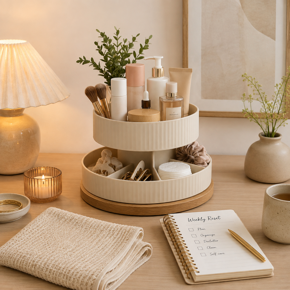 Sunday Reset haftalık ev düzeni rutini için sıcak tonlarda düzenli bakım köşesi