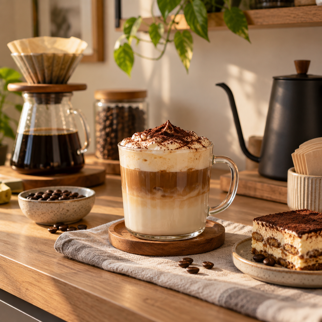 Tiramisu latte ve sıcak tonlarda düzenlenmiş ev kahve köşesi