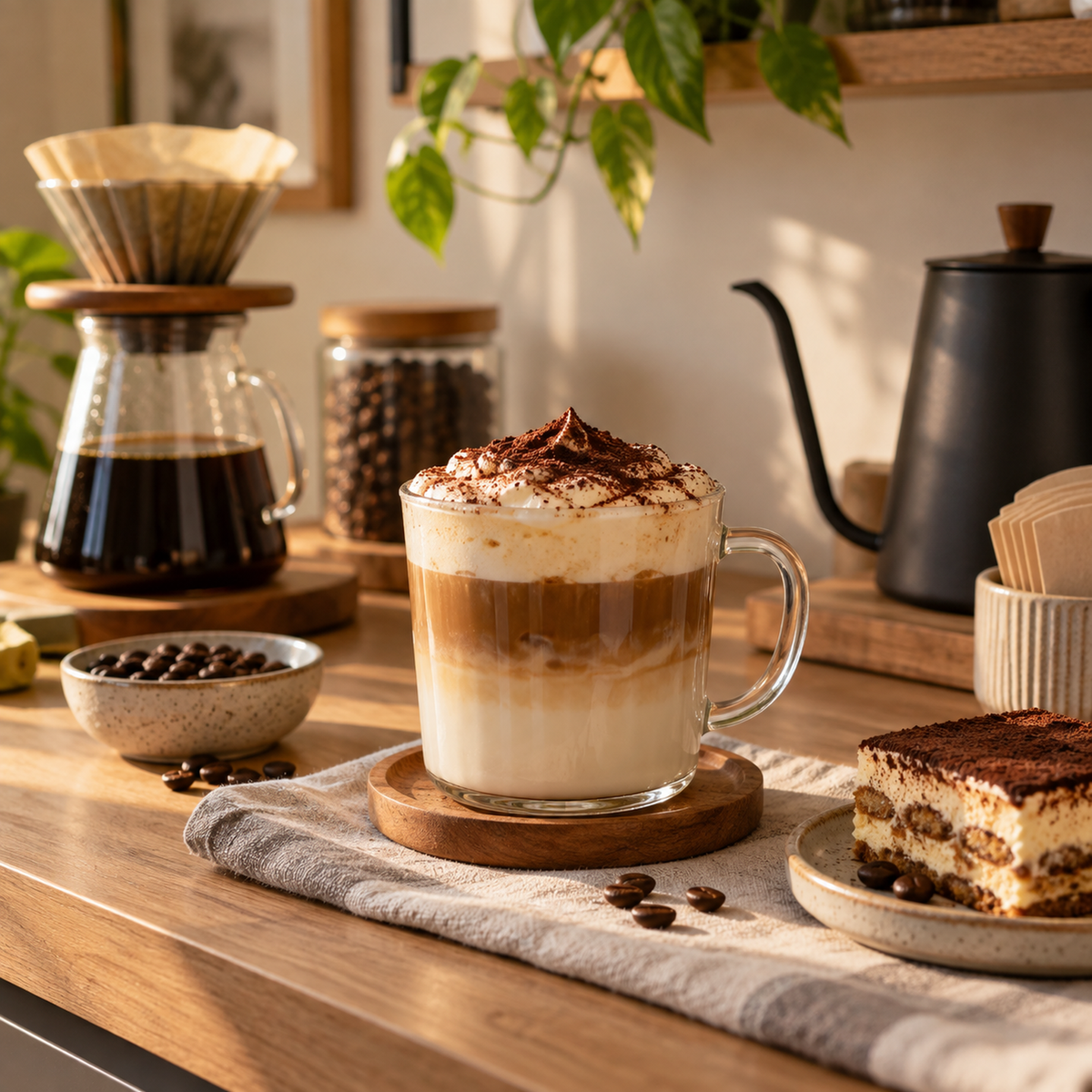 Tiramisu latte ve sıcak tonlarda düzenlenmiş ev kahve köşesi