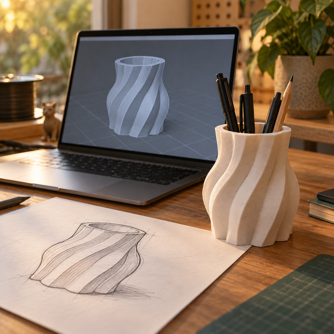 Yapay zeka ile 2D fikirden 3D modele dönüşümü anlatan sıcak tonlu çalışma masası
