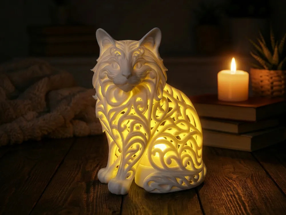Dekoratif Işıklı Kedi Figürü | Pilli Mum Uyumlu Mandala Tasarım