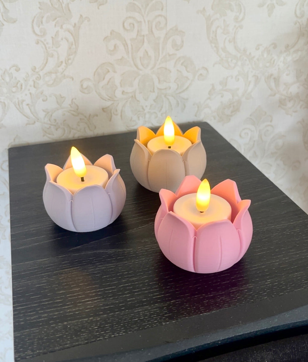 3'lü Dekoratif Lotus Mumluk | Pilli Mum Uyumlu Şık Tasarım