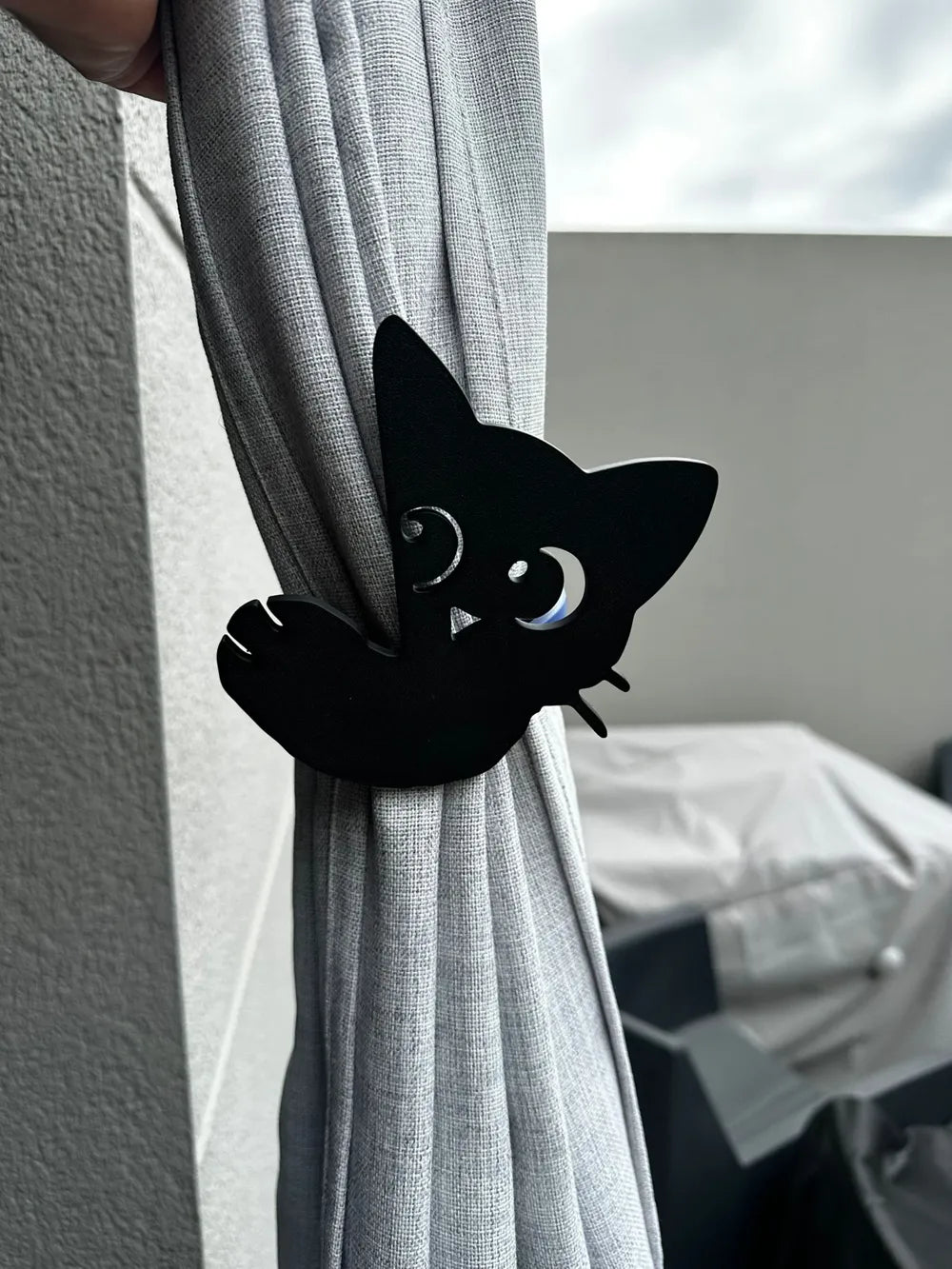 Siyah Kedi Tasarımlı Dekoratif Perde Tutucu ve Bağı